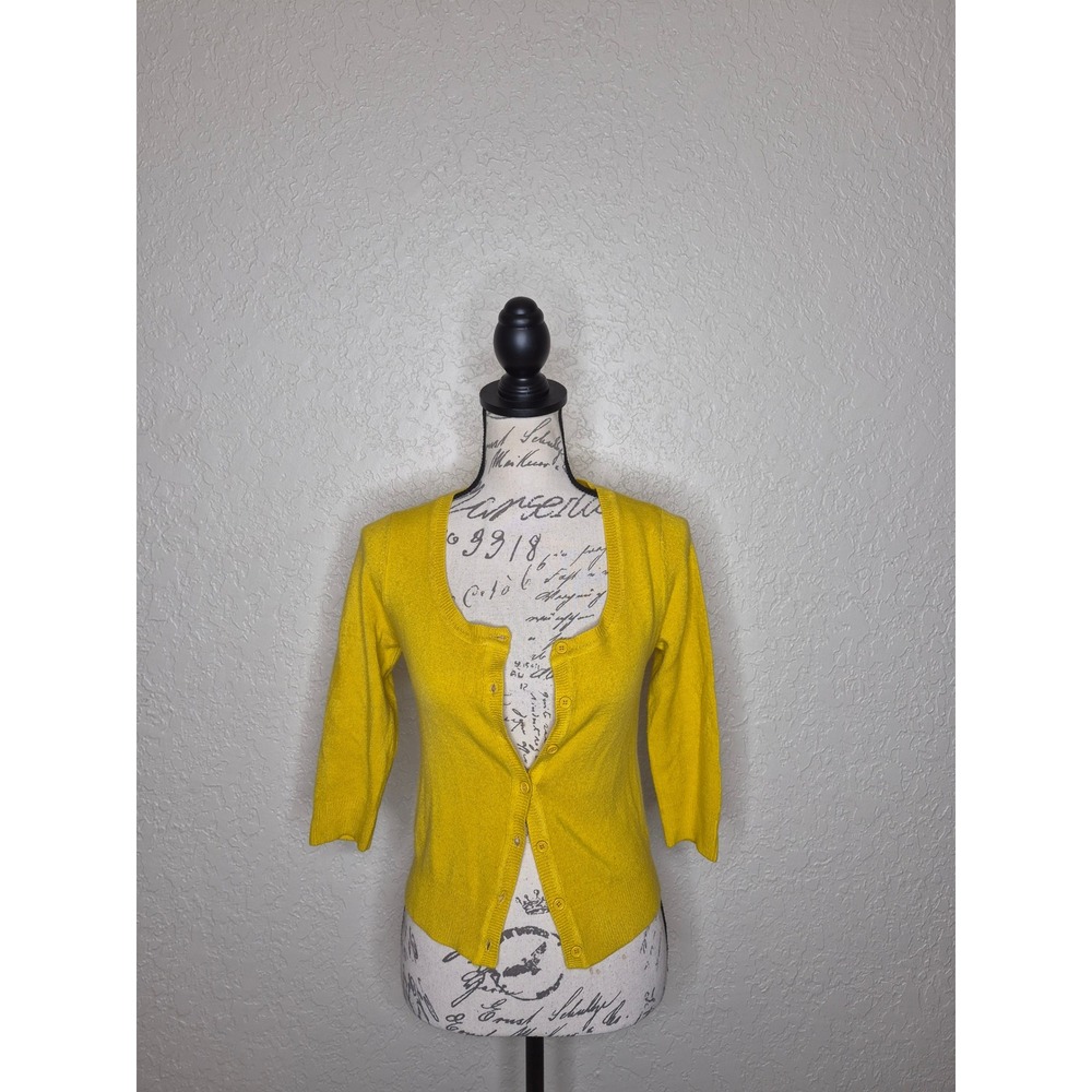 XXI Forever Yellow Button Up Cardigan 3/4 Sleeve Scoop Neck Knit Sweater Small
